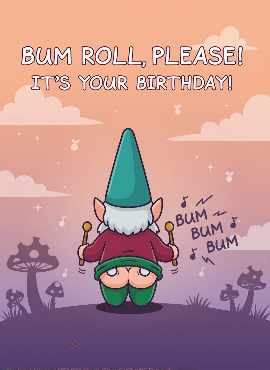 Bum Roll, Please Birthday Gnome Greeting Card - Funny Gift UK