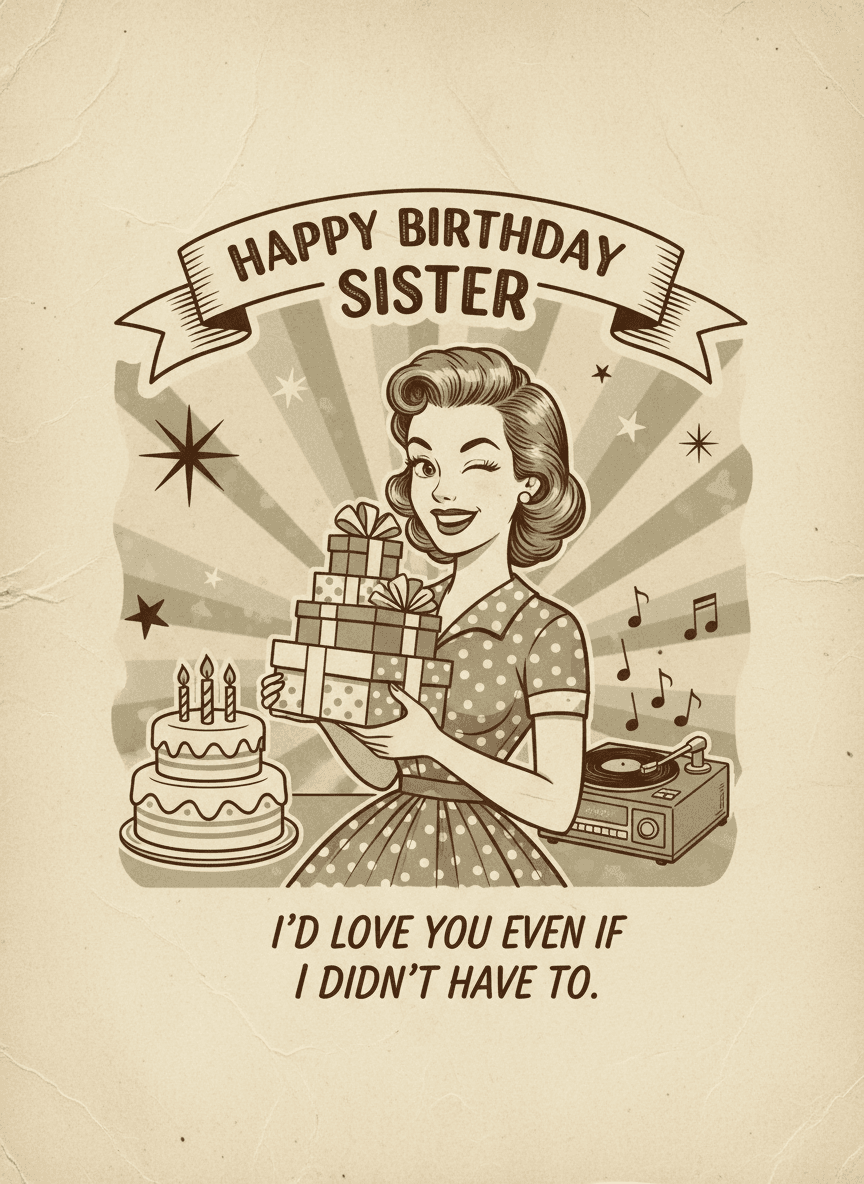 Happy Birthday Sister Retro Card - Funny Gift UK